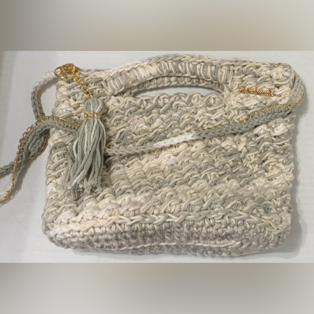 Gray and Beige Crossbody Bag with Woven Texture and Curved Shape